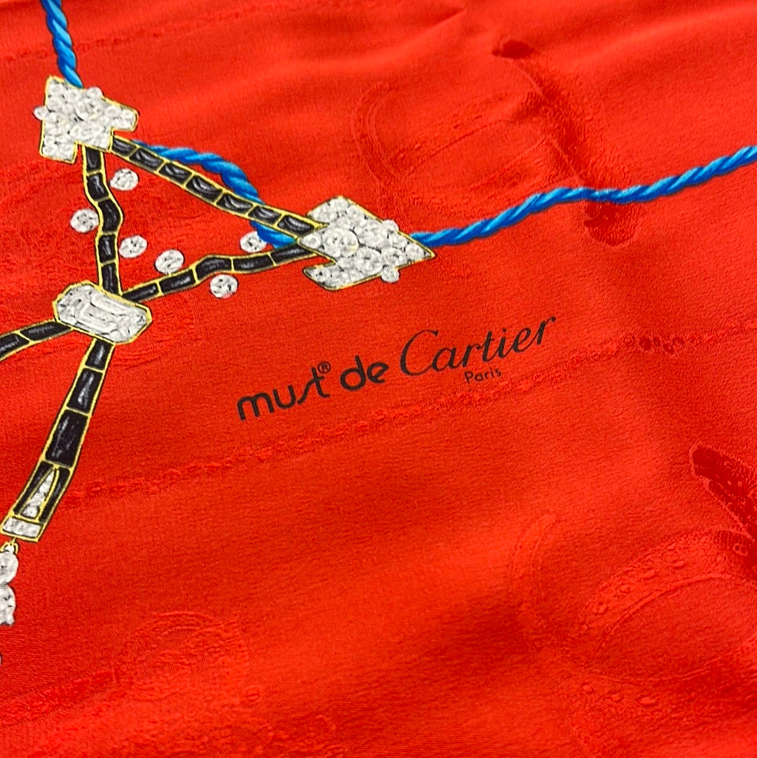 SOLD! Cartier Red Jewel "Must De Cartier" Silk Scarf with Box