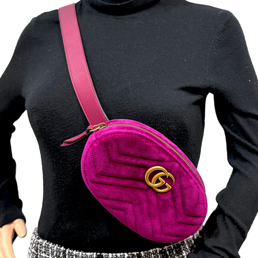 #8893 GUCCI GG Marmont Purple Velvet Matelassé Chevron Belt Bag MSRP $980