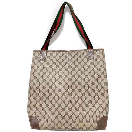 #1173 GUCCI Vintage GG Supreme Mocha Leather Web Tote