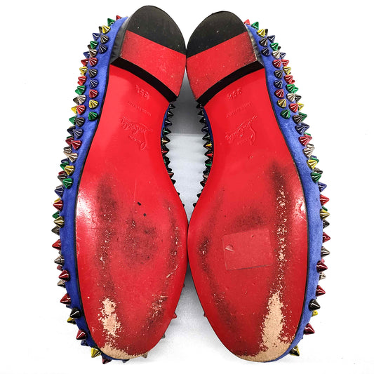 #1232 CHRISTIAN LOUBOUTIN Blue Suede Rolling Spikes Loafers (Size 35.5)