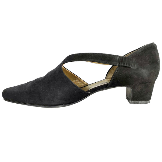 #1311 YVES SAINT LAURENT Vintage Black Suede Cross-strap Rhinestone Buckle Pumps (Size 35.5)