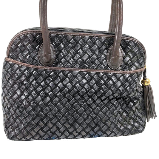 #1310 BALLY Vintage Hand-woven Intrecciato Black & Brown Lambskin & Suede Braided Leather Top Handle Bag