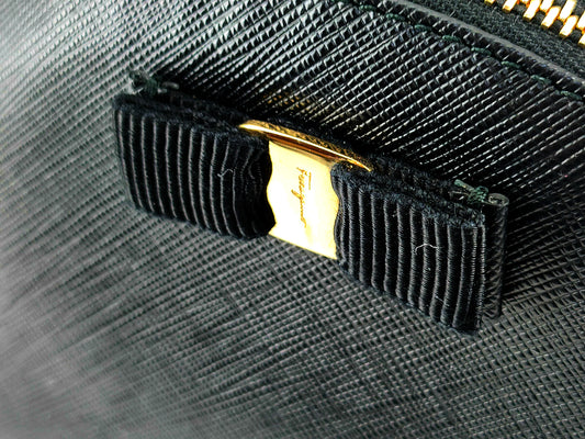 #1205 SALVATORE FERRAGAMO Black Saffiano Leather Vala Ribbon Cosmetic Pouch