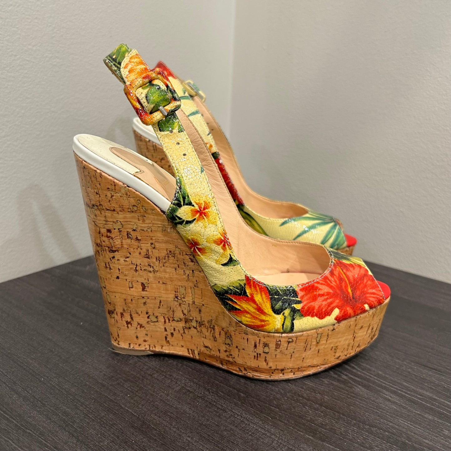 CHRISTIAN LOUBOUTIN Tropical Peep Toe Floral Wedges Size 36.5