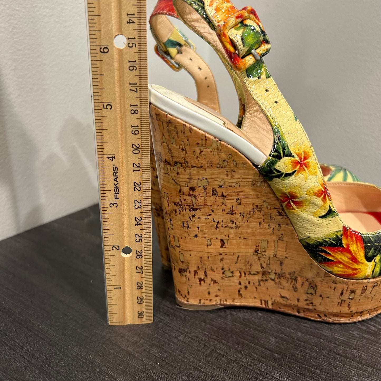 CHRISTIAN LOUBOUTIN Tropical Peep Toe Floral Wedges Size 36.5