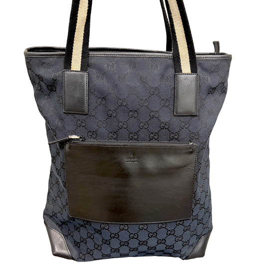 #8200 GUCCI Black GG Canvas Leather Web Tote