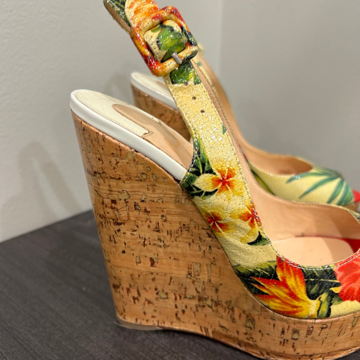 CHRISTIAN LOUBOUTIN Tropical Peep Toe Floral Wedges Size 36.5