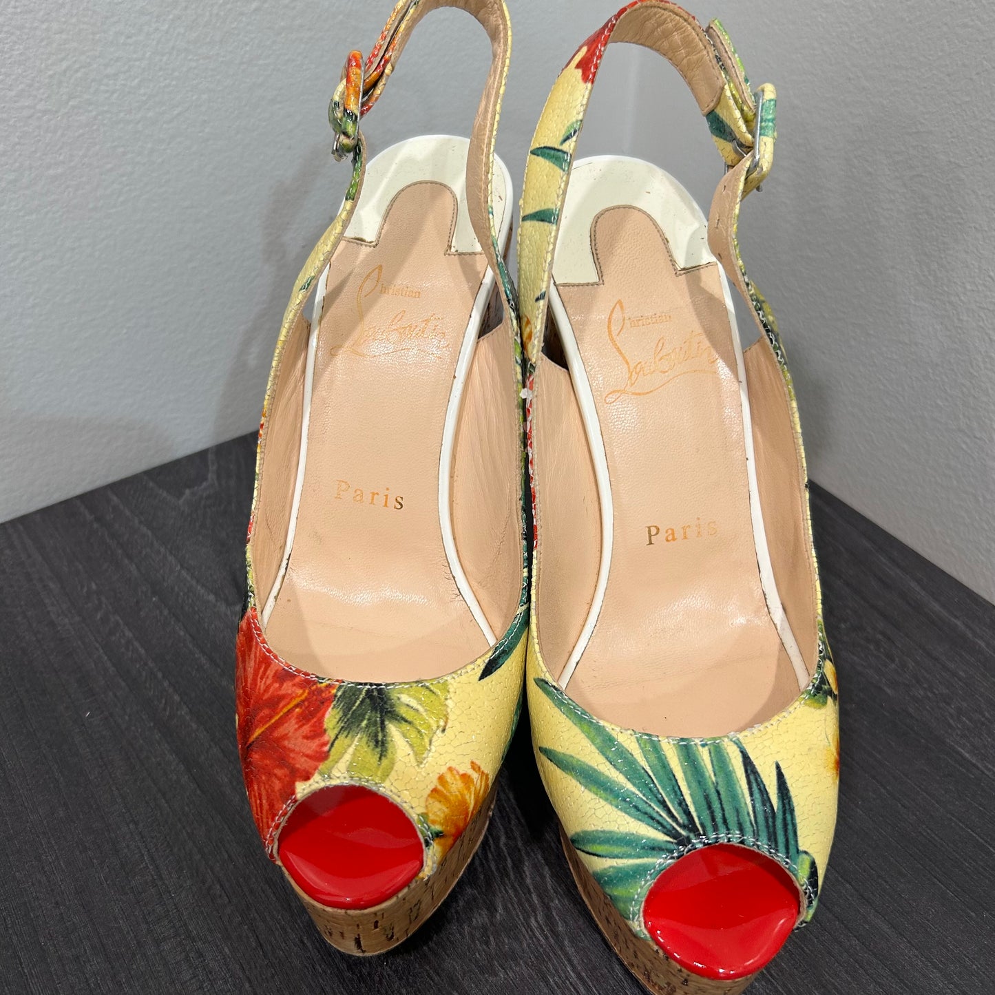 CHRISTIAN LOUBOUTIN Tropical Peep Toe Floral Wedges Size 36.5