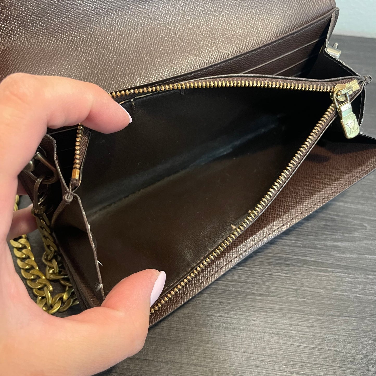 SOLD! Louis Vuitton Damier Ebene Wallet on Chain