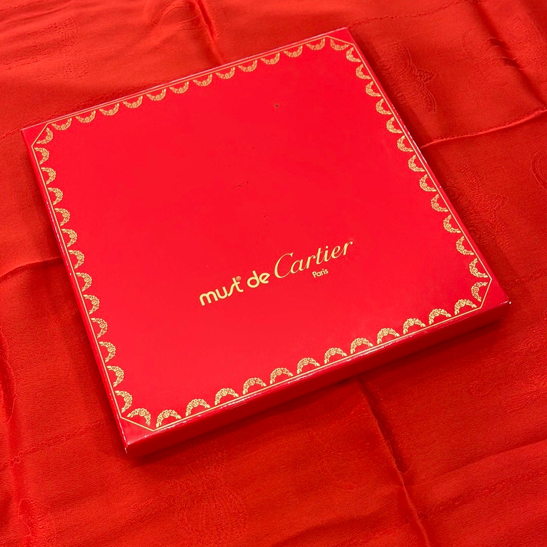 SOLD! Cartier Red Jewel "Must De Cartier" Silk Scarf with Box