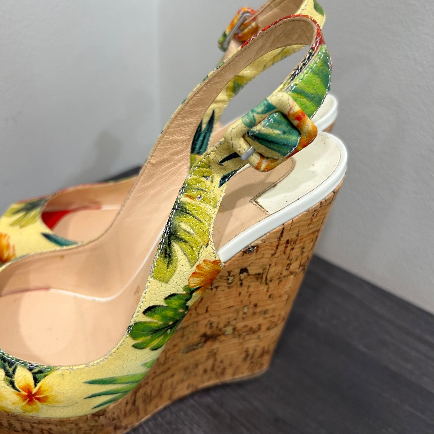 CHRISTIAN LOUBOUTIN Tropical Peep Toe Floral Wedges Size 36.5