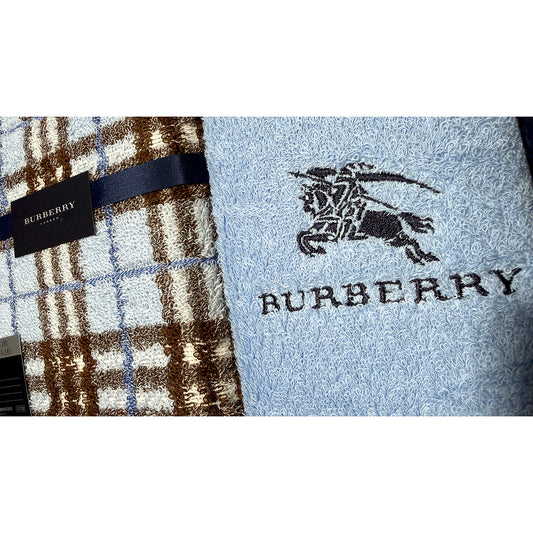 #1464 BURBERRY Set of 2 Blue 100% Cotton Bath Towels