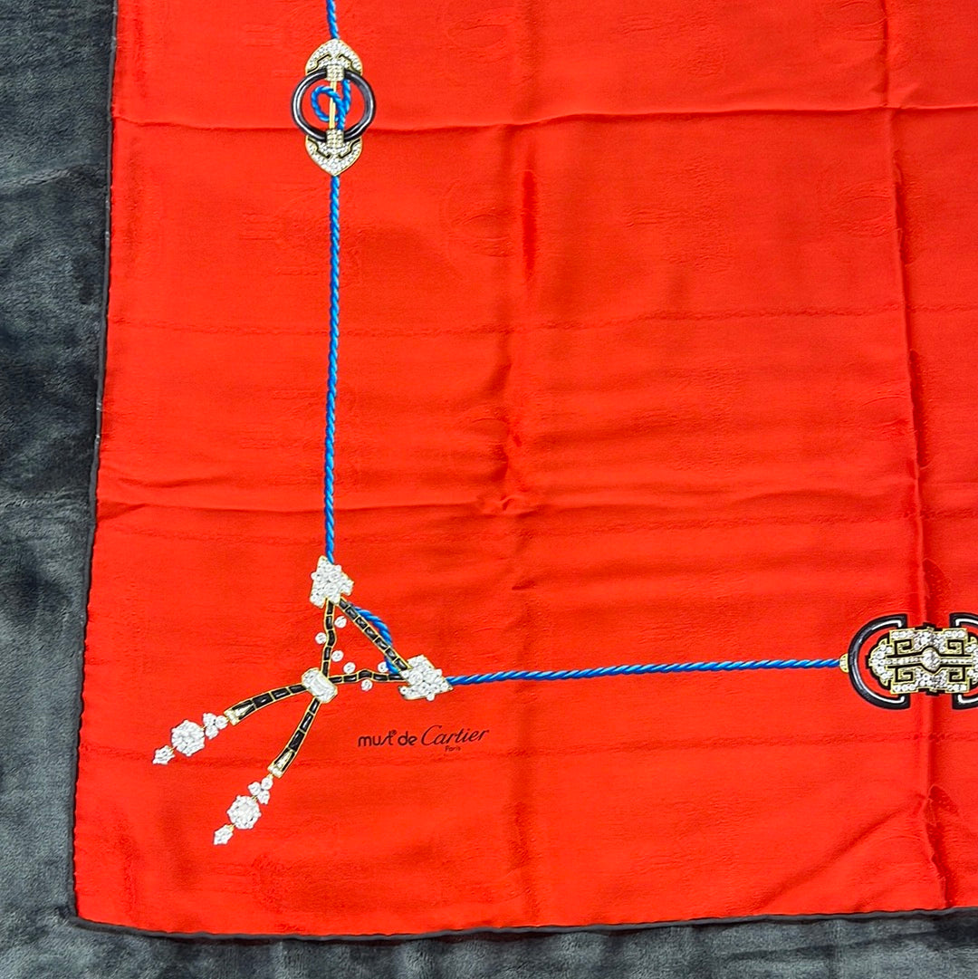 SOLD! Cartier Red Jewel "Must De Cartier" Silk Scarf with Box