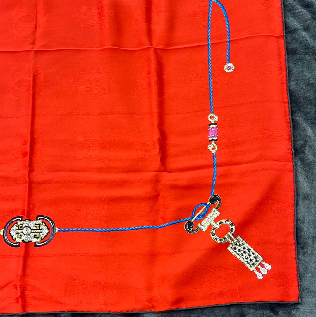 SOLD! Cartier Red Jewel "Must De Cartier" Silk Scarf with Box