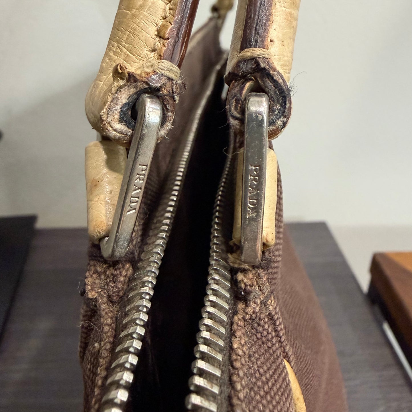 8853 PRADA Brown Canvas and Ostrich Handbag