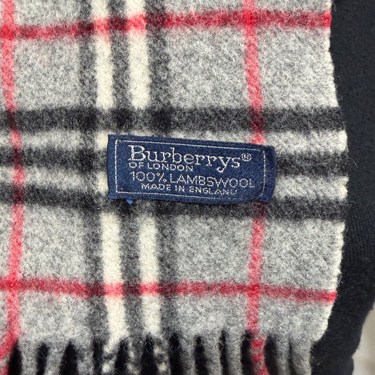 #8225 Vintage BURBERRYS Gray & Red Check 100% Lambswool Scarf Stole