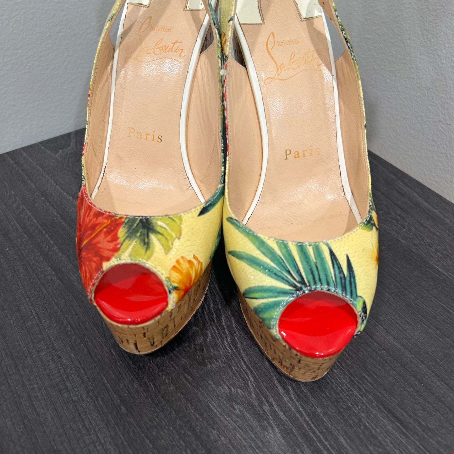 CHRISTIAN LOUBOUTIN Tropical Peep Toe Floral Wedges Size 36.5