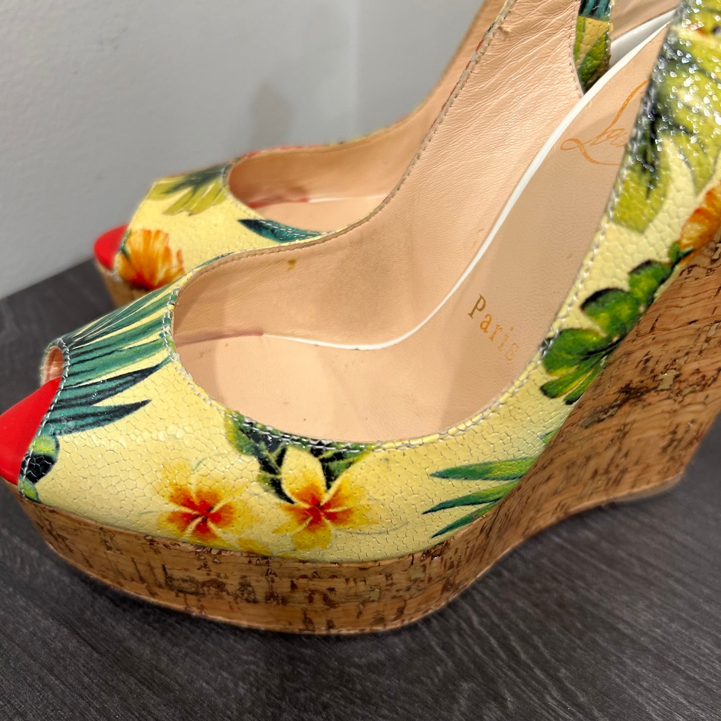 CHRISTIAN LOUBOUTIN Tropical Peep Toe Floral Wedges Size 36.5