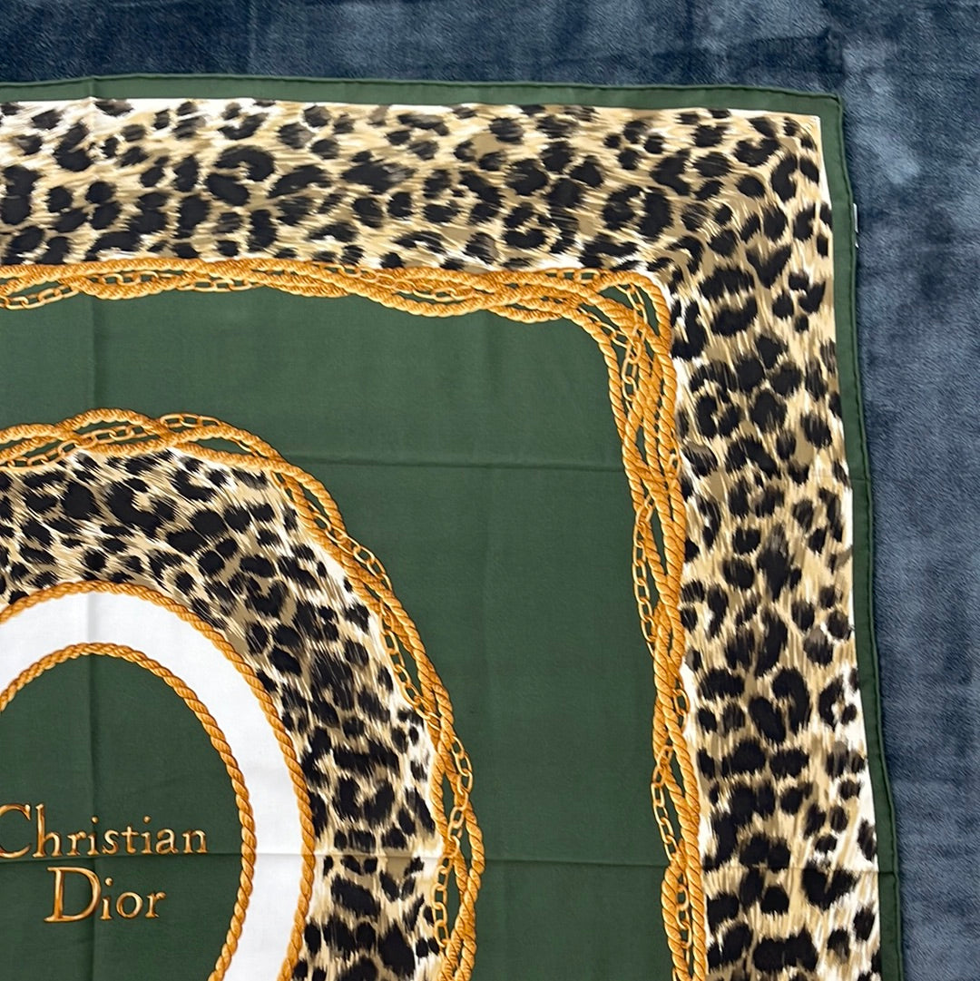 SOLD! Christian Dior Green Leopard Print Silk Scarf