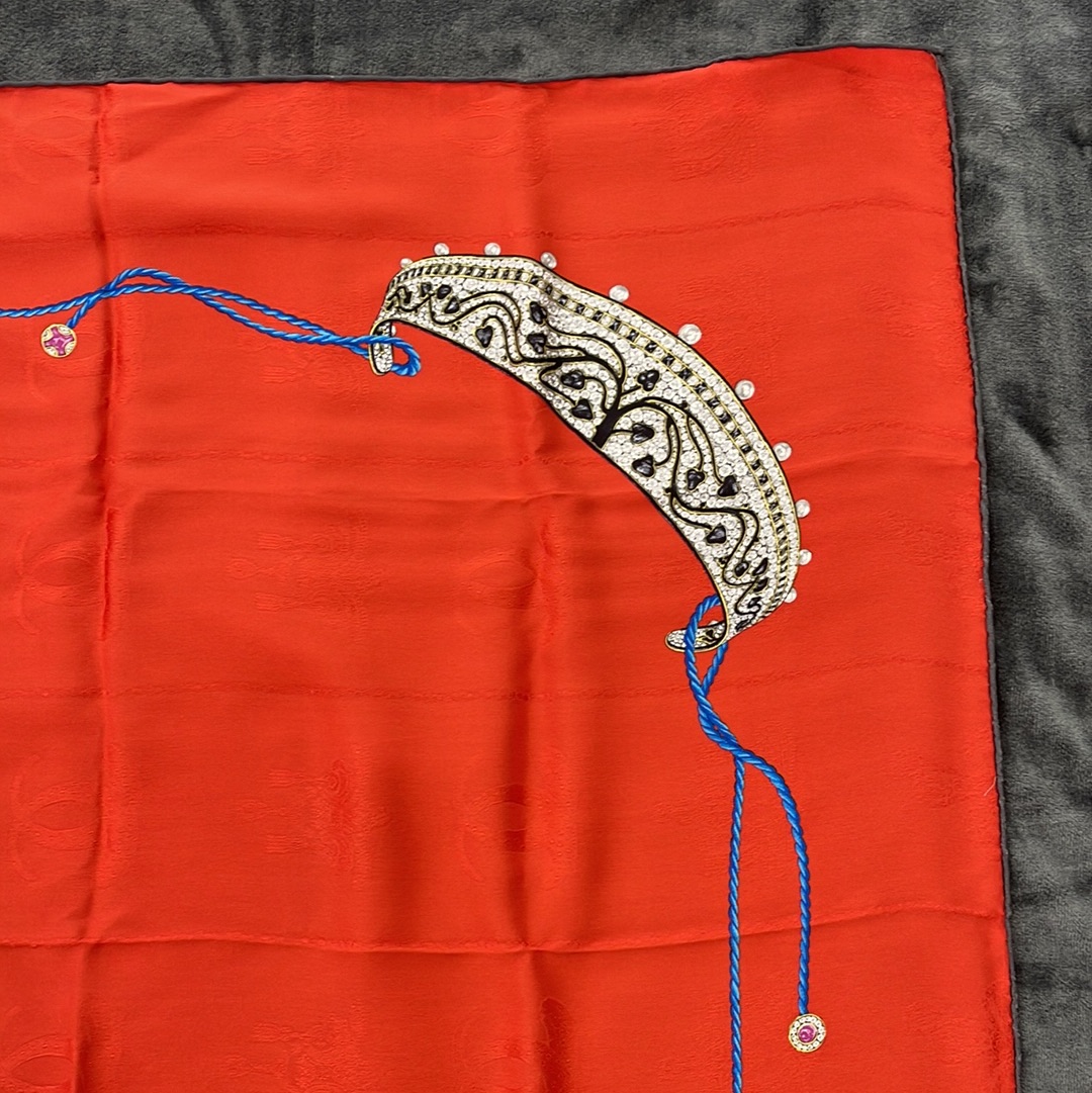 SOLD! Cartier Red Jewel "Must De Cartier" Silk Scarf with Box