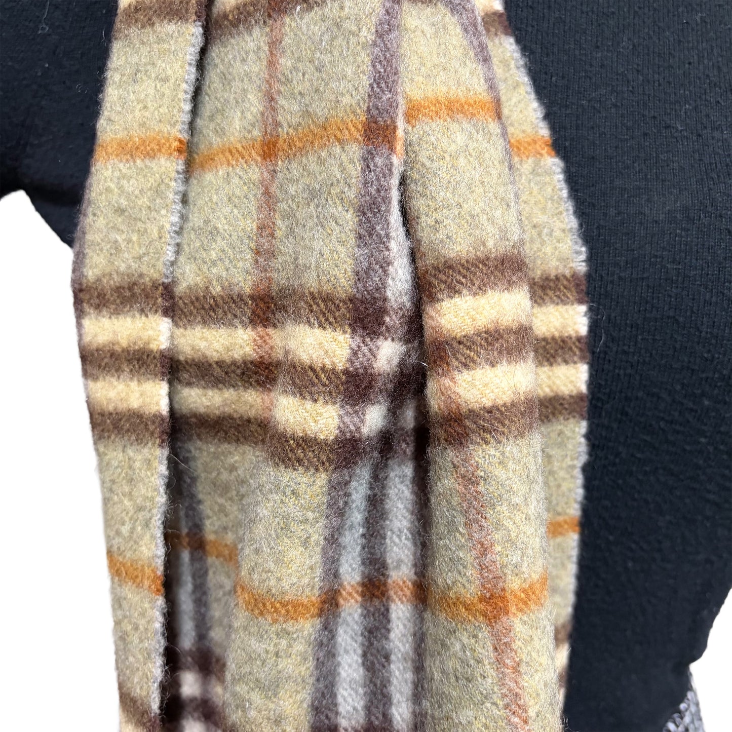 BF-08 Vintage BURBERRY Olive Green Check 100% Cashmere Scarf