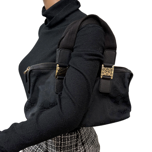 #8226 GUCCI Black GG Canvas Horsebit Bag