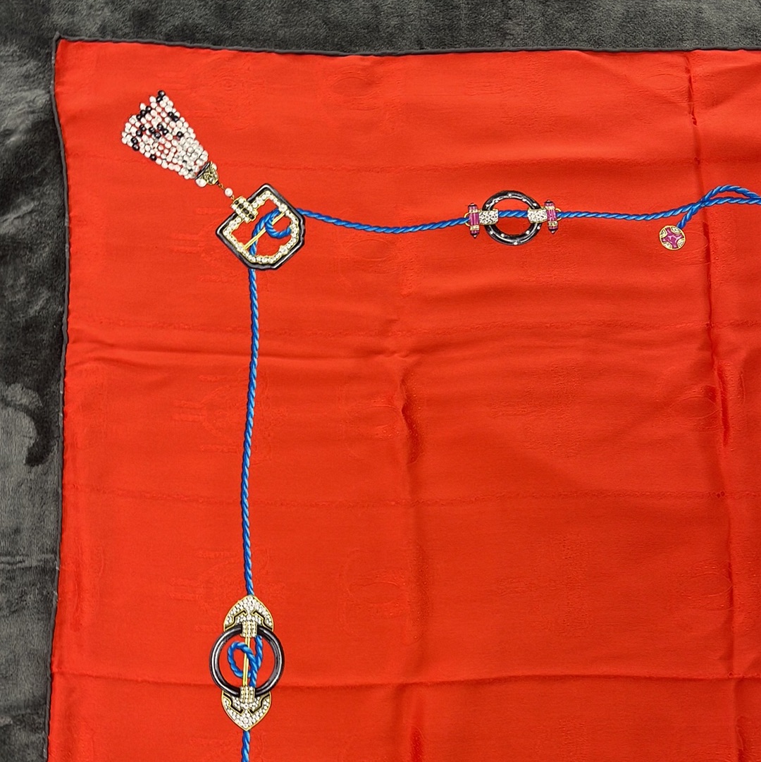 SOLD! Cartier Red Jewel "Must De Cartier" Silk Scarf with Box