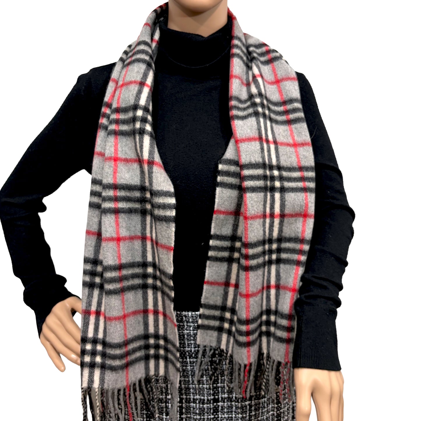#8269 Vintage BURBERRY Gray Check 100% Cashmere Scarf Stole