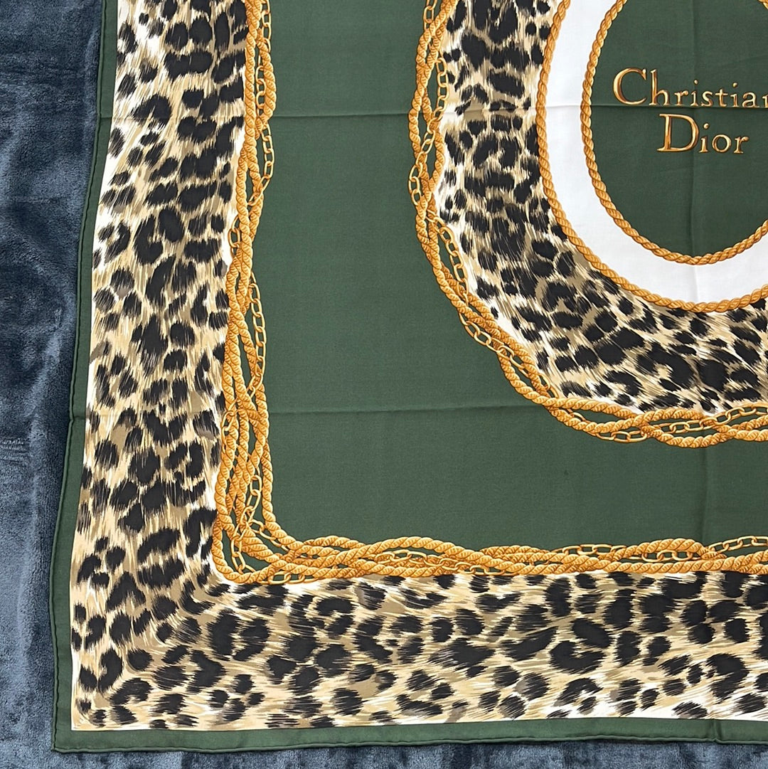 SOLD! Christian Dior Green Leopard Print Silk Scarf