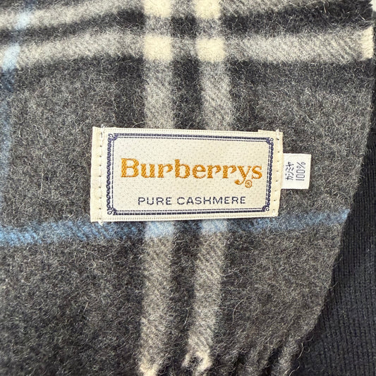 #8223 Vintage BURBERRYS Gray & Blue Check 100% Cashmere Scarf Stole