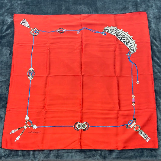SOLD! Cartier Red Jewel "Must De Cartier" Silk Scarf with Box