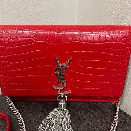 YVES SAINT LAURENT Embossed Crocodile Leather Tassel Kate Crossbody #105