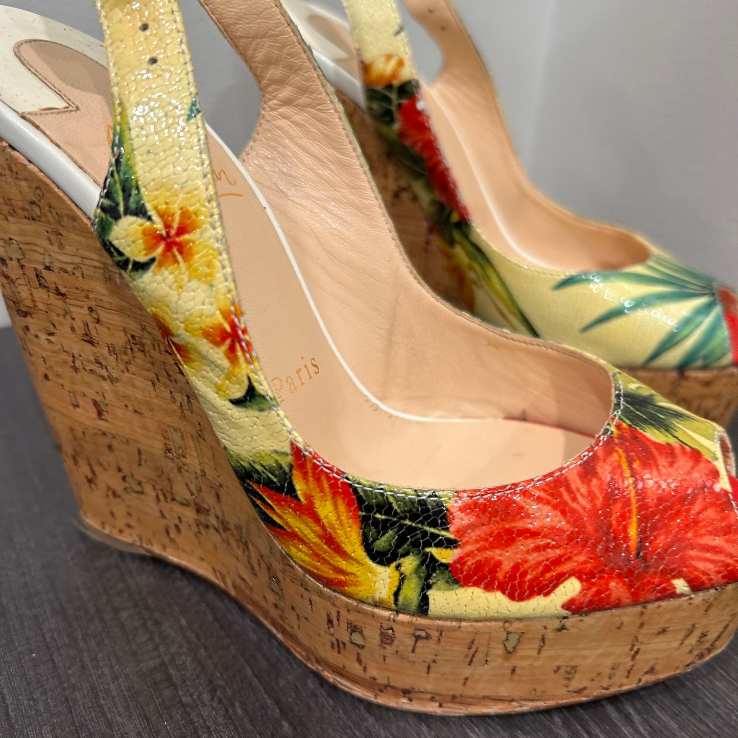 CHRISTIAN LOUBOUTIN Tropical Peep Toe Floral Wedges Size 36.5