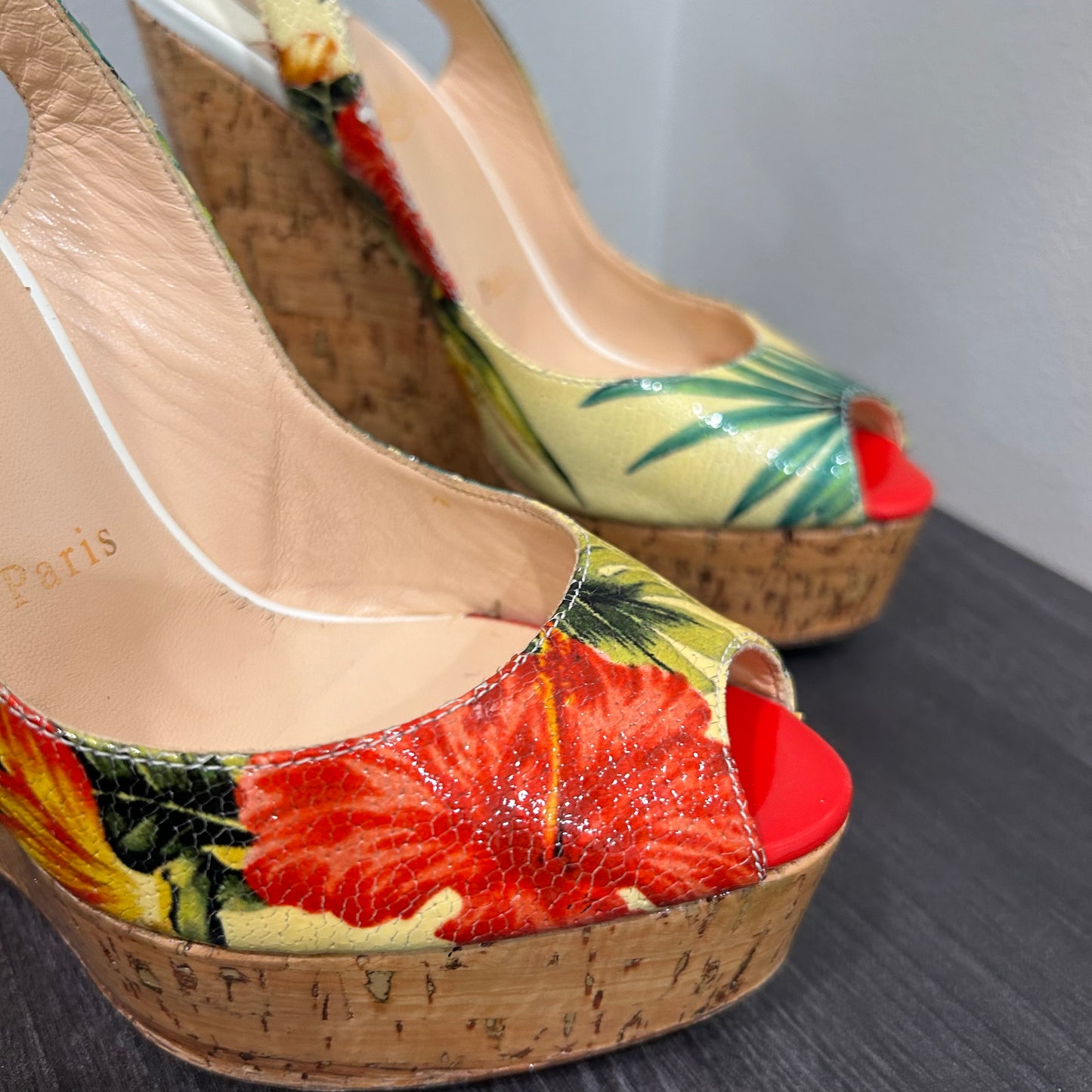 CHRISTIAN LOUBOUTIN Tropical Peep Toe Floral Wedges Size 36.5