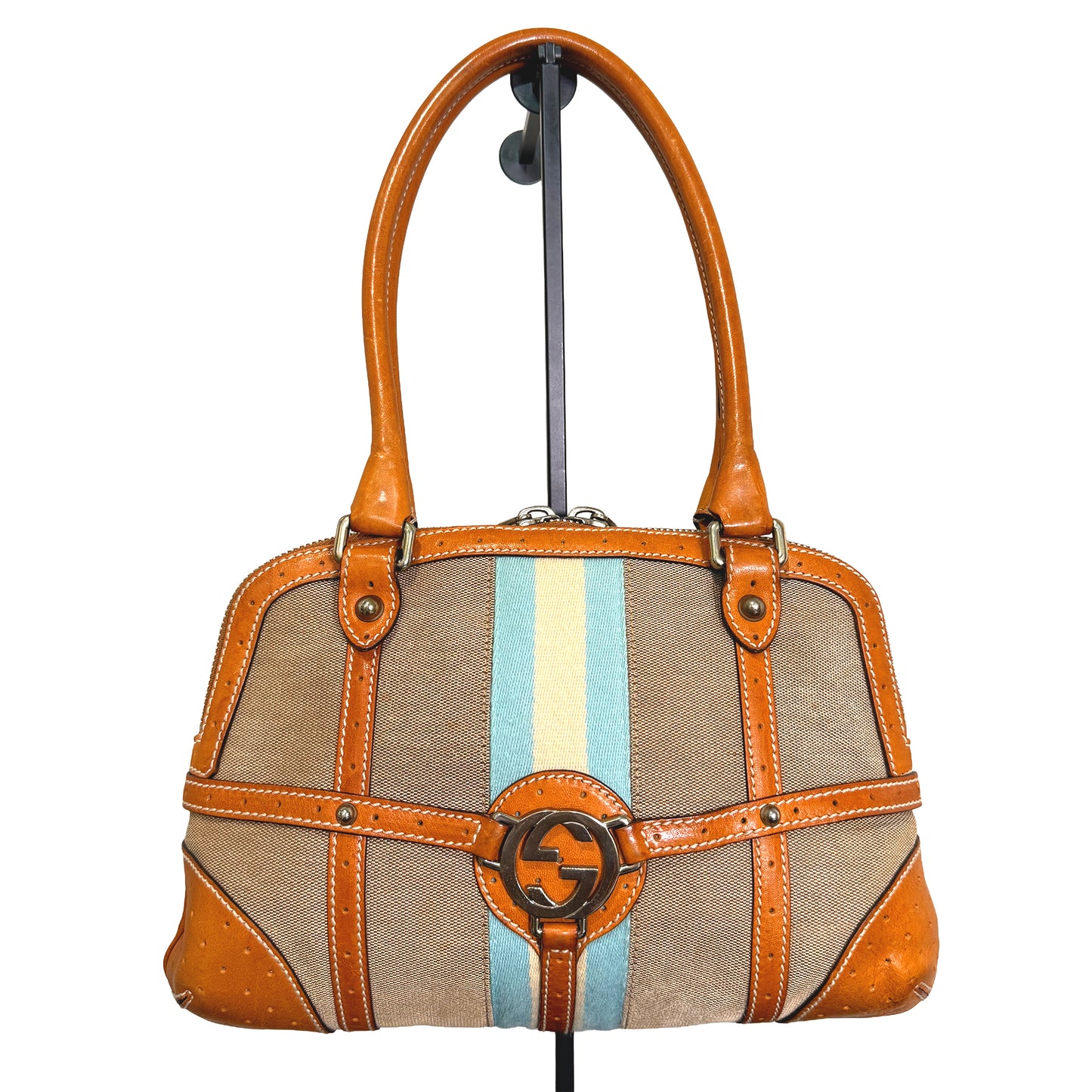 1015-01 GUCCI Canvas Web GG Reins Shoulder Bag Cognac