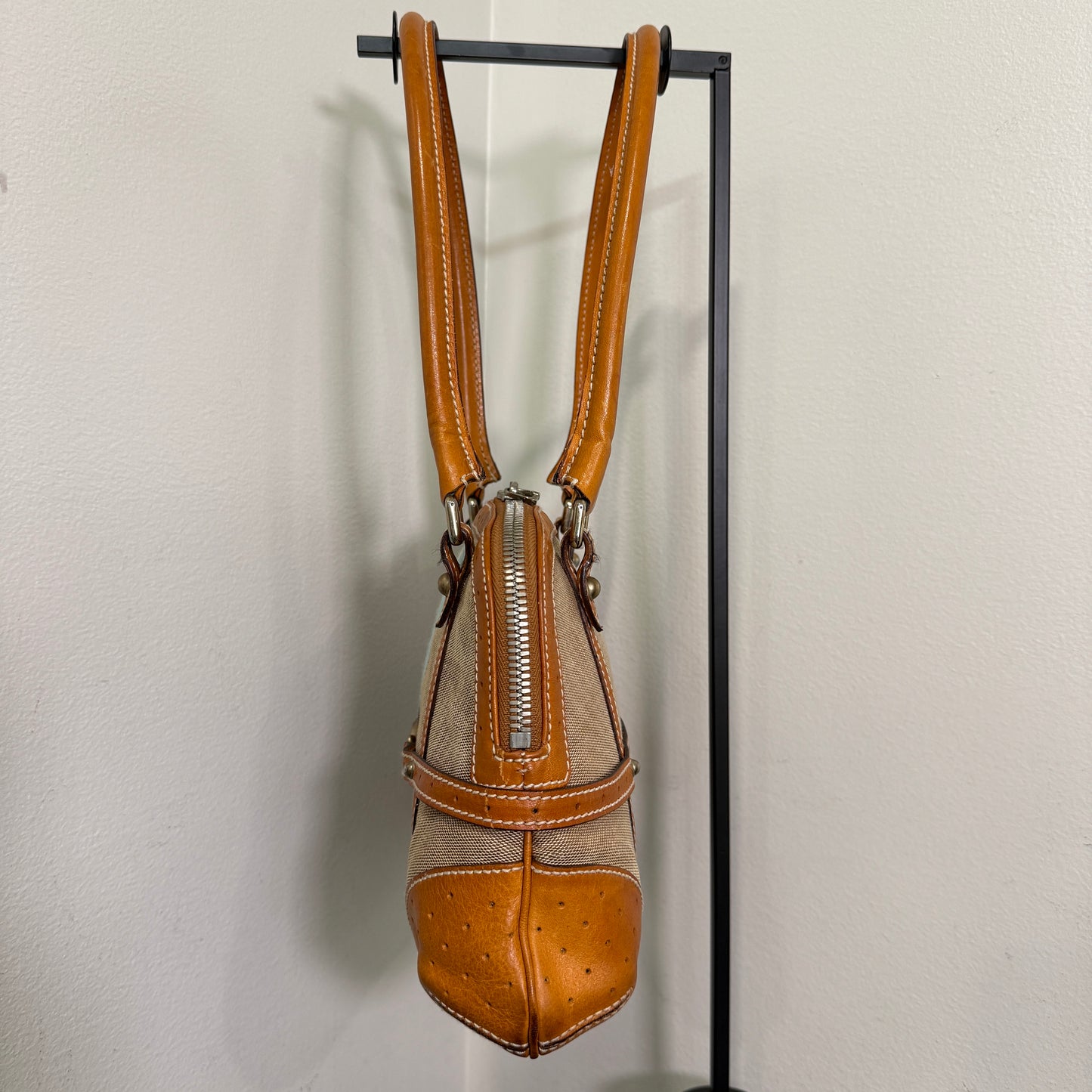 1015-01 GUCCI Canvas Web GG Reins Shoulder Bag Cognac