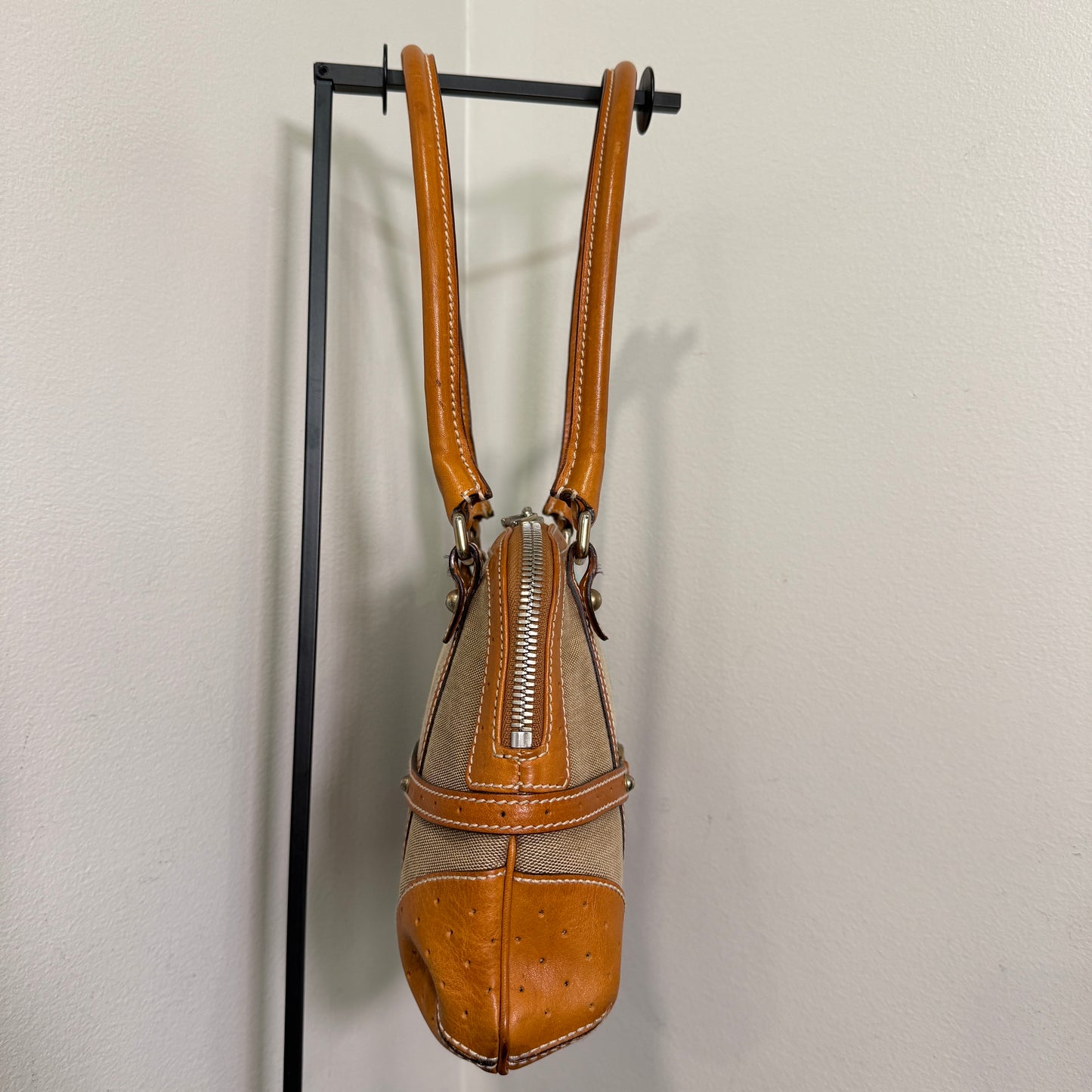 1015-01 GUCCI Canvas Web GG Reins Shoulder Bag Cognac