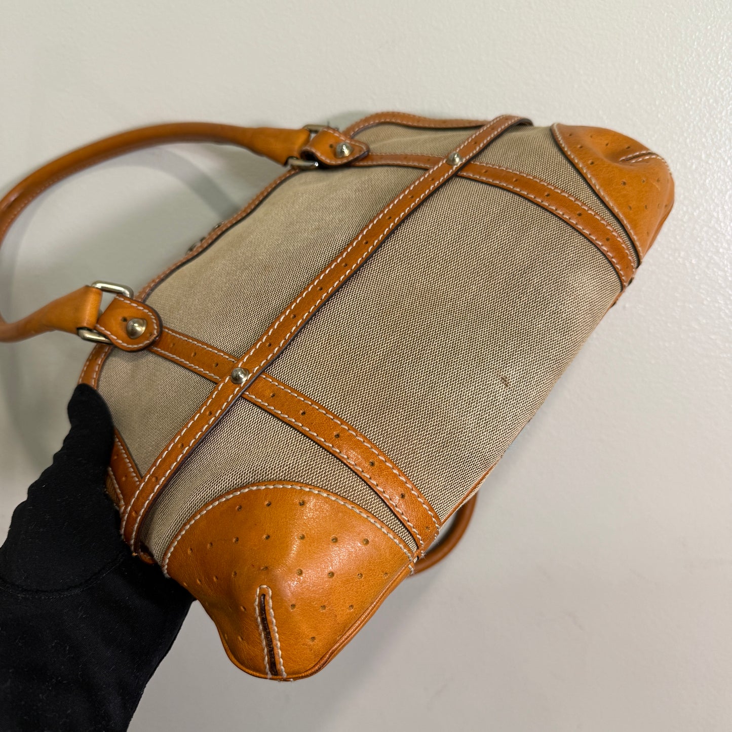 1015-01 GUCCI Canvas Web GG Reins Shoulder Bag Cognac