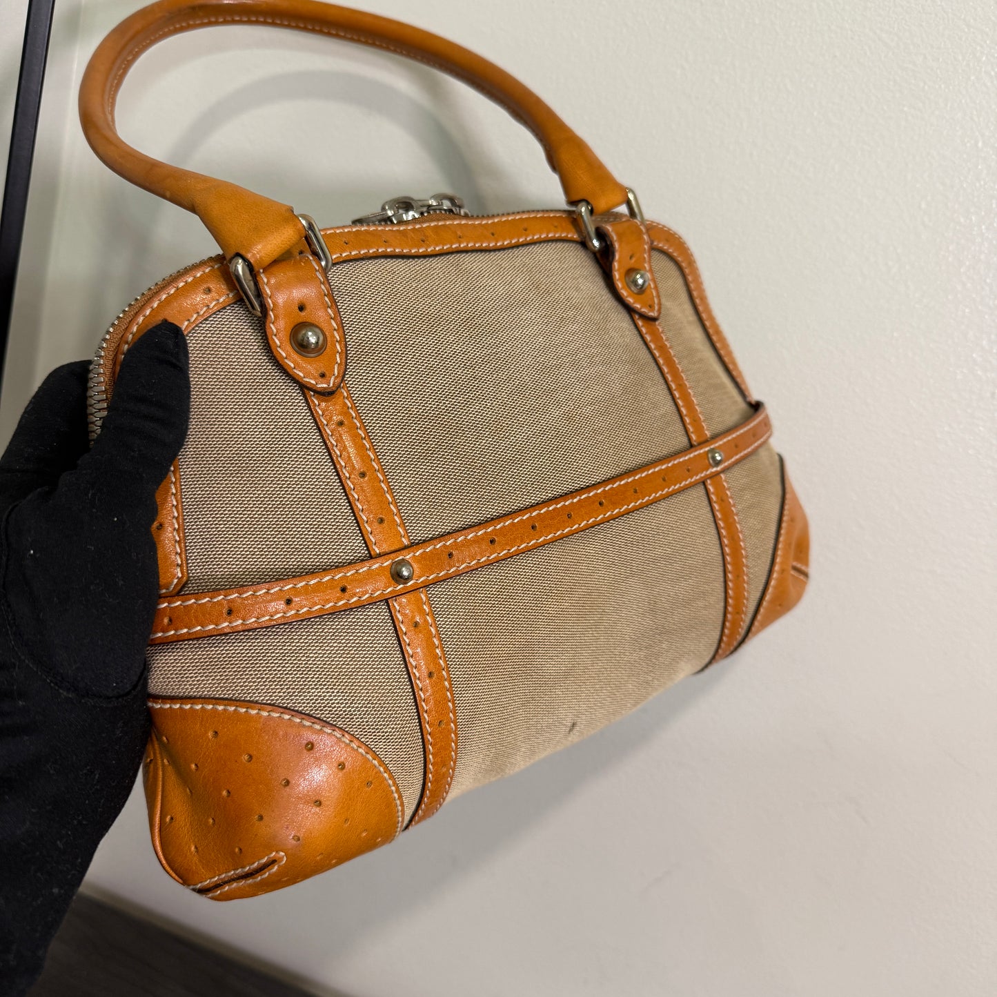 1015-01 GUCCI Canvas Web GG Reins Shoulder Bag Cognac