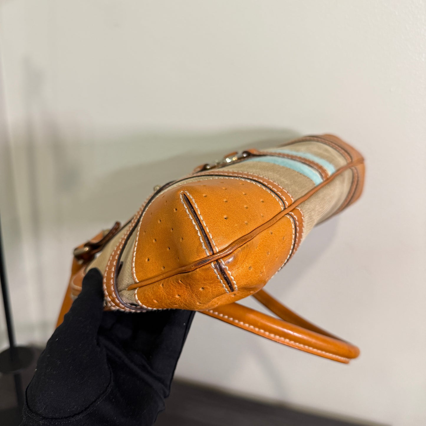 1015-01 GUCCI Canvas Web GG Reins Shoulder Bag Cognac