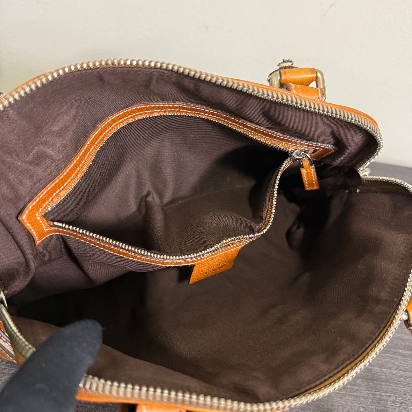 1015-01 GUCCI Canvas Web GG Reins Shoulder Bag Cognac