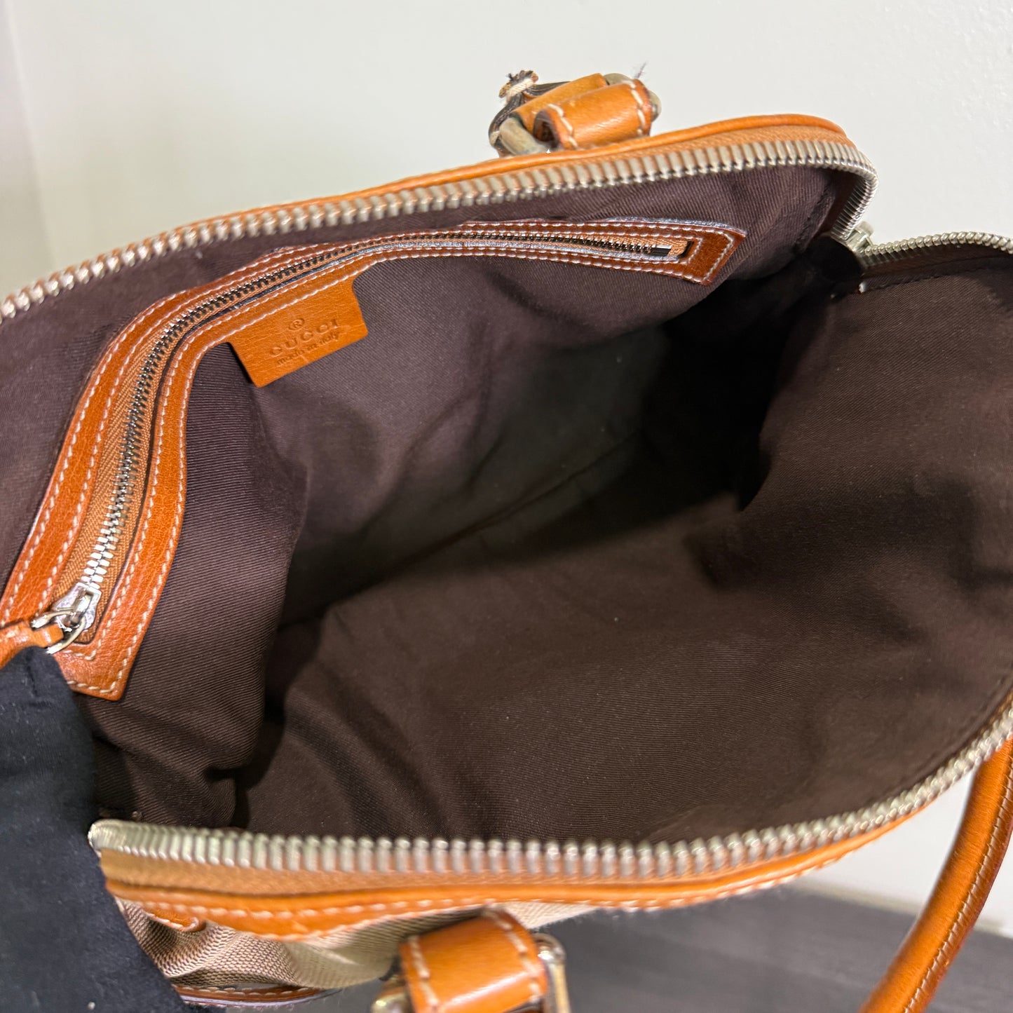 1015-01 GUCCI Canvas Web GG Reins Shoulder Bag Cognac