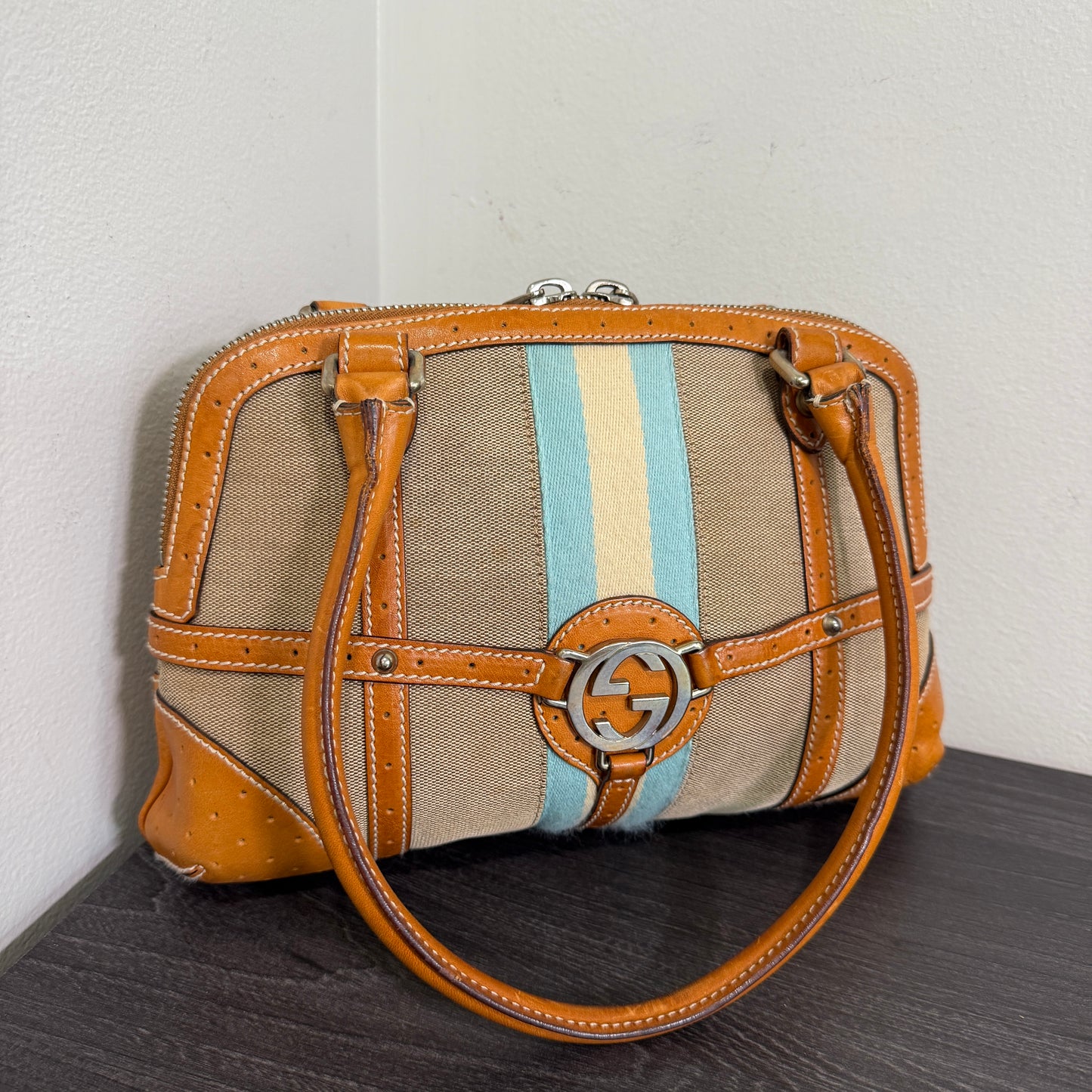 1015-01 GUCCI Canvas Web GG Reins Shoulder Bag Cognac