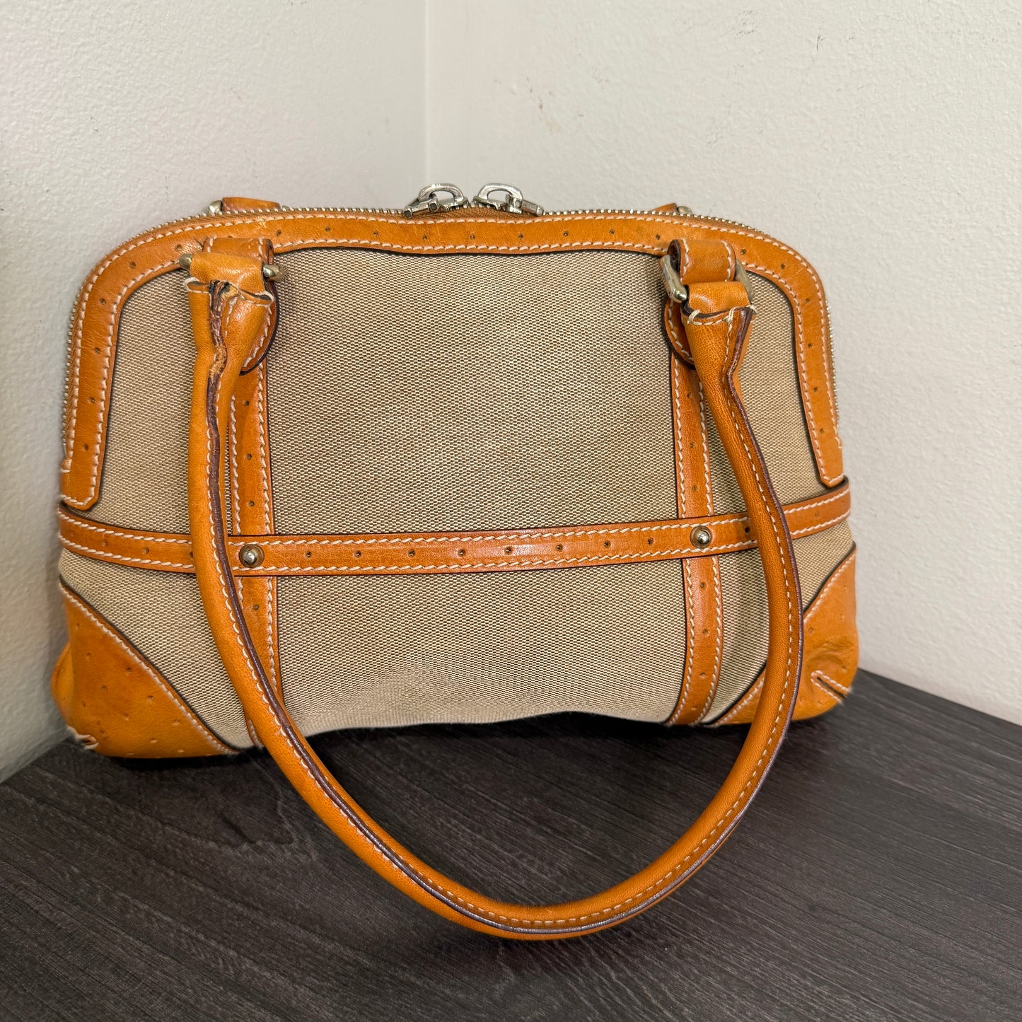 1015-01 GUCCI Canvas Web GG Reins Shoulder Bag Cognac