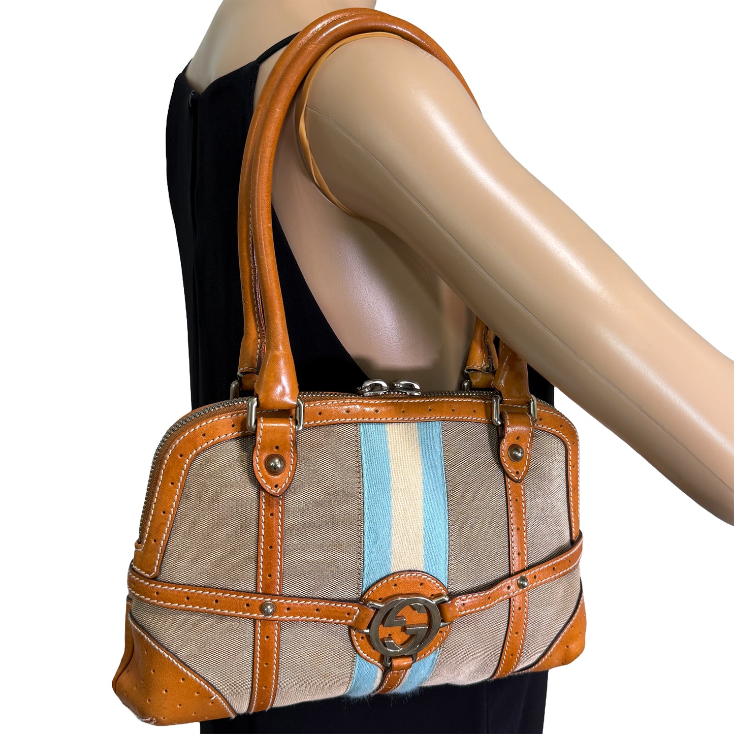 1015-01 GUCCI Canvas Web GG Reins Shoulder Bag Cognac