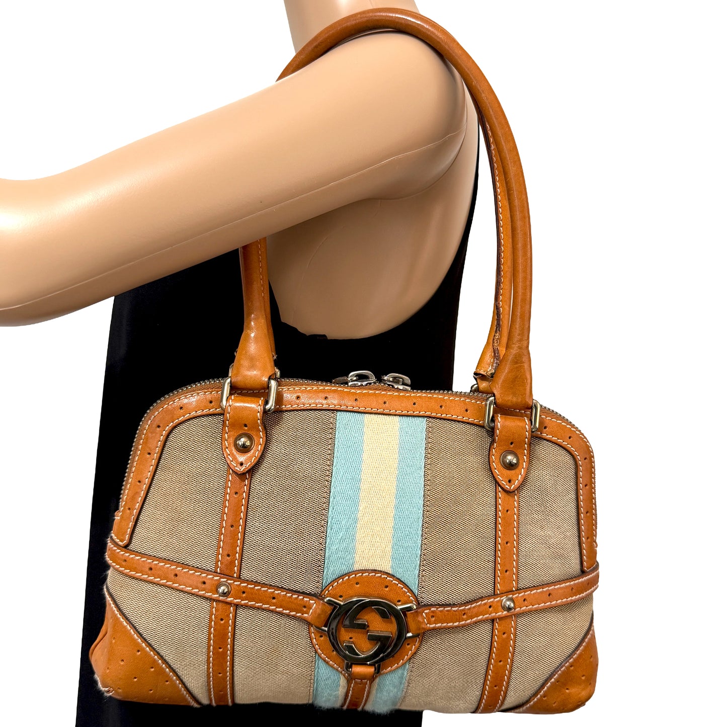 1015-01 GUCCI Canvas Web GG Reins Shoulder Bag Cognac