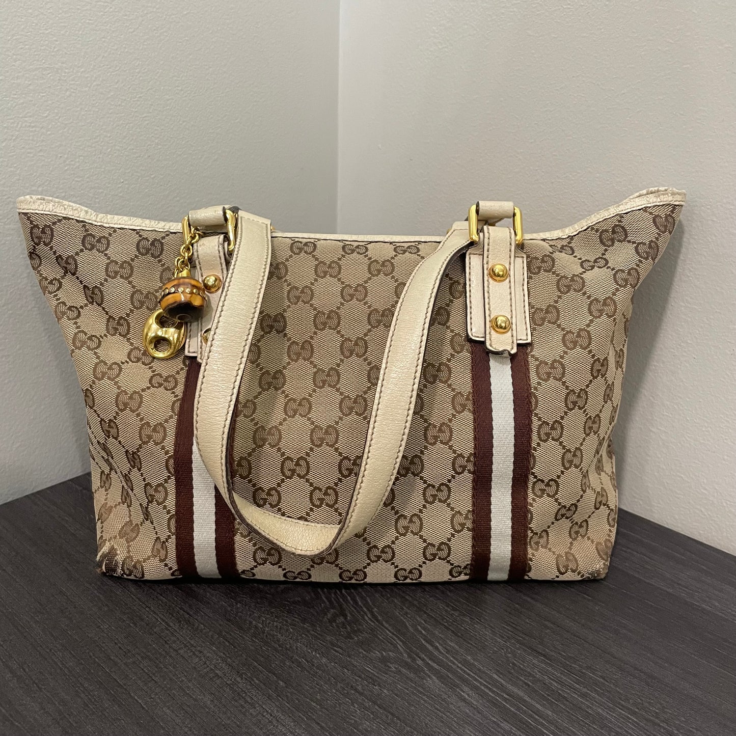 #865 GUCCI GG Canvas Bamboo Trinket Shoulder Bag