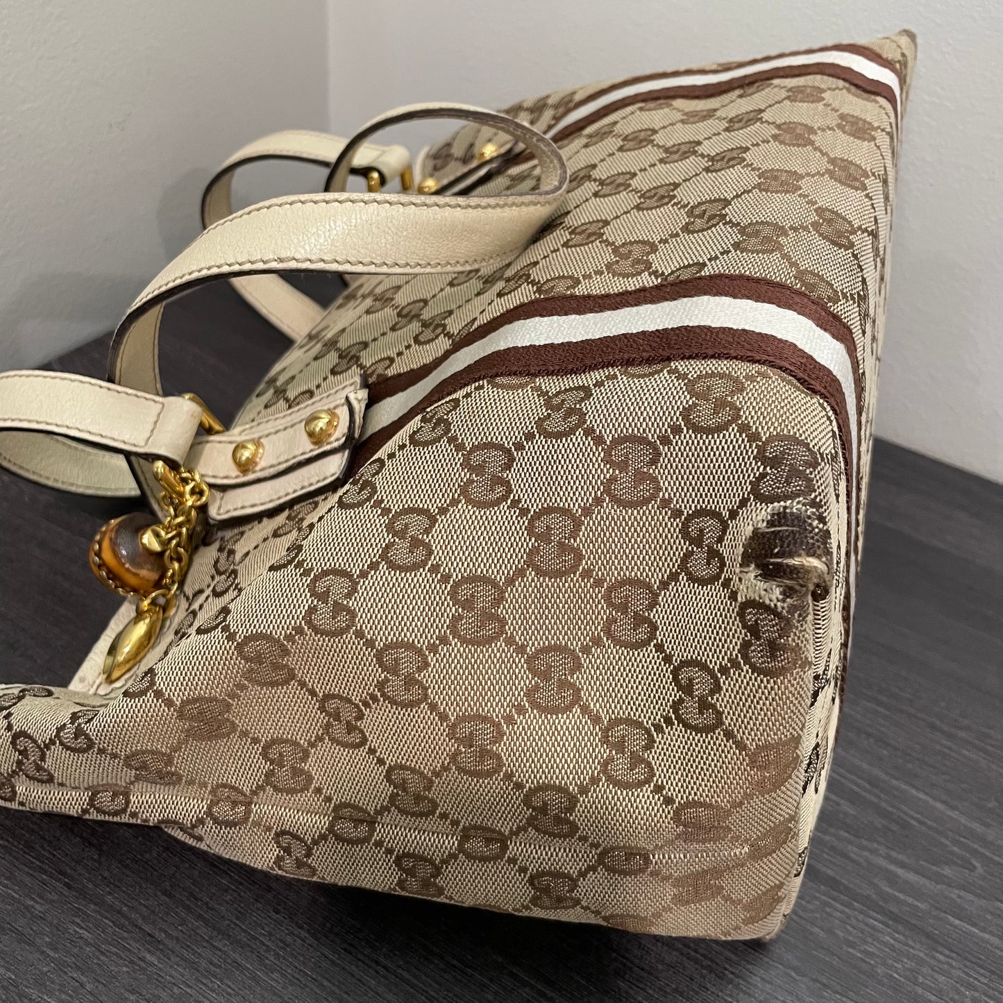 #865 GUCCI GG Canvas Bamboo Trinket Shoulder Bag