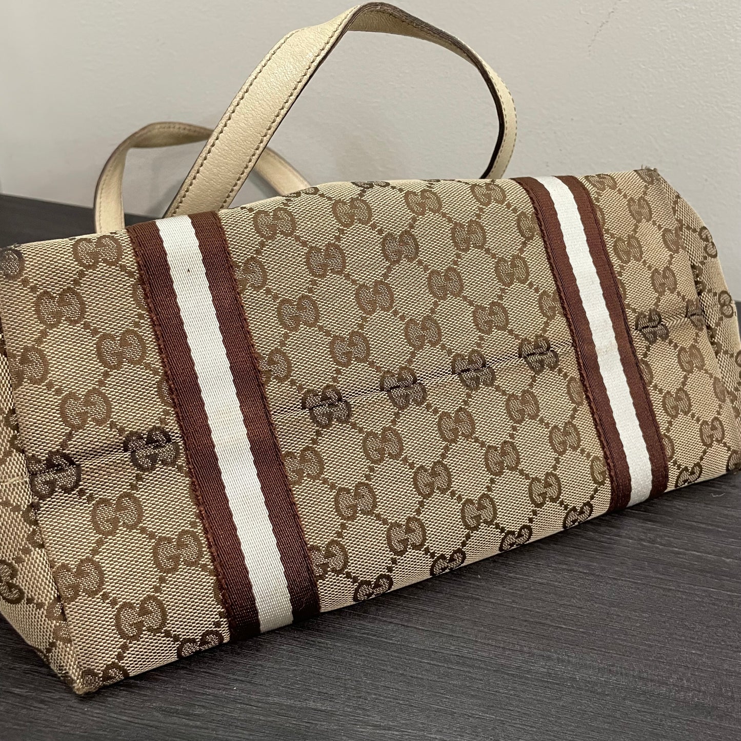 #865 GUCCI GG Canvas Bamboo Trinket Shoulder Bag