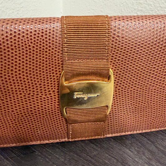 #015 SALVATORE FERRAGAMO Brown Embossed Long Wallet